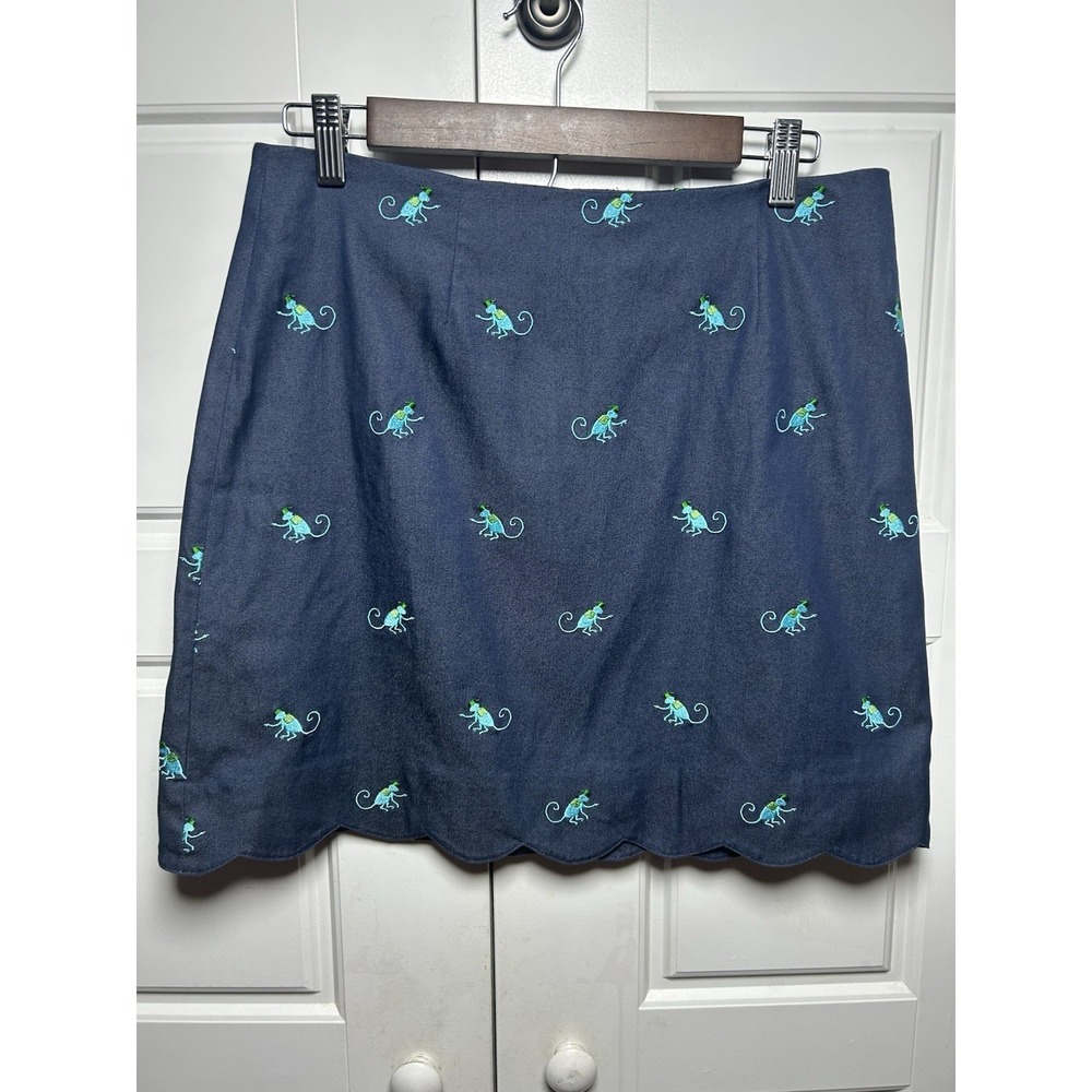 Vintage Lilly Pulitzer Womens Sz 6 Navy Embroidered Monkey Skirt Scalloped Hem